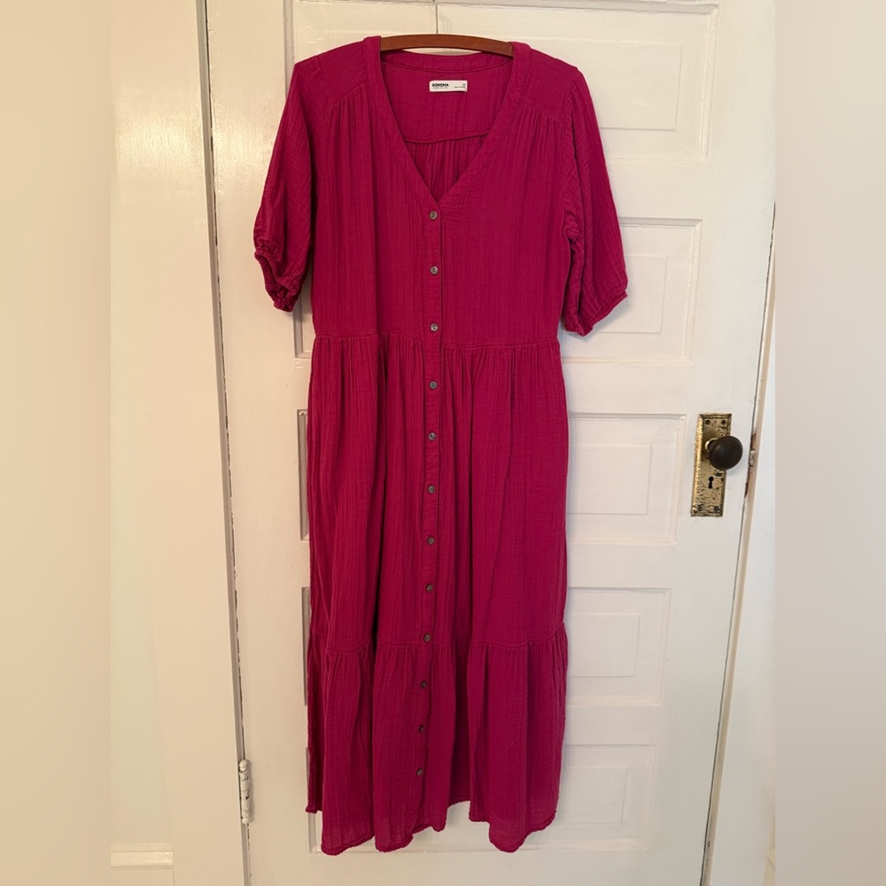 Sonoma Pink Tiered Maxi Dress with Puff Sleeves and V-Neck